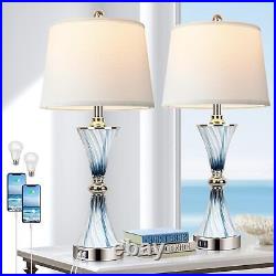 Hamucd Blue Glass Table Lamps with 2 USB ports and 2 LED Bulbs Set of 2