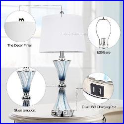 Hamucd Blue Glass Table Lamps with 2 USB ports and 2 LED Bulbs Set of 2