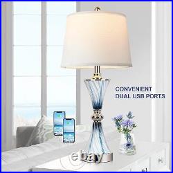 Hamucd Blue Glass Table Lamps with 2 USB ports and 2 LED Bulbs Set of 2