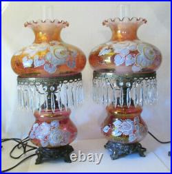 Hurricane Gwtw Lamp Iridescent Glass White Roses Signed 3 Way 24 Tall(aw5)