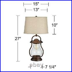 Industrial Farmhouse Table Lamp with Nightlight LED Bronze Lantern for Bedroom
