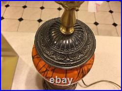 Iridescent orange and black Durand Imperial heart and vine table lamp 1930 nice