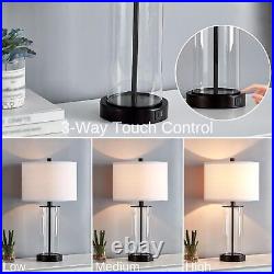 KAWOTl Clear Glass Table Lamp Set of 2 Touch Control Bedroom Lamps with USB