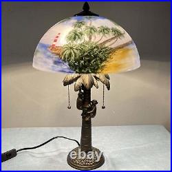 L10944 Coconut Trees Tropical Beach Hand-Painted Glass Table Lamp with Monkey