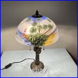 L10944 Coconut Trees Tropical Beach Hand-Painted Glass Table Lamp with Monkey