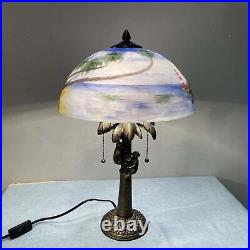 L10944 Coconut Trees Tropical Beach Hand-Painted Glass Table Lamp with Monkey