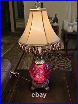 LAMP Vintage MCM Hollywood Regency Large RED Glass Table Lamp with Shade