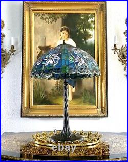 Lamp Large Tiffany Style Stained Glass on Metal Vintage Table / Desk Lighting