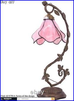 Lamp Pink Stained Glass Table Lamp, Metal Leaf Table Desk Reading Light 8X10X21