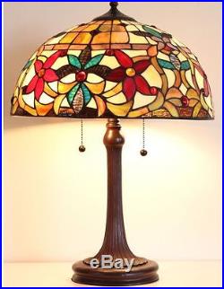 Lamp Set Table & Floor Tiffany Style Red Green Amber Floral Stained Glass Shade
