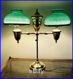 Large Antique Brass Double Student Lamp with Green Glass Shades (Electric)