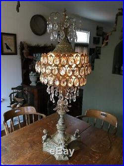 Large Antique Hollywood Regency 3 Tiered Cherub Prisms Waterfall Lamp + Extra's