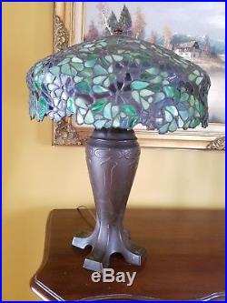 Large Arts & Crafts, Nouveau, Signed Handel Leaded Stained Slag Glass Table Lamp