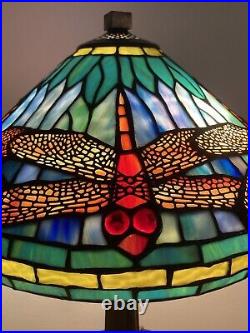 Large DALE TIFFANY Colorful 6 Dragonfly Stained Glass Table Lamp Blue (Rare)