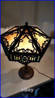 Large Handel Slag Glass Lamp with Extremely Ornate Filigree and Multicolored