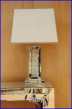 Large Table Lamp 67cm Mirrored with Floating Crystal Base White Fabric Shade