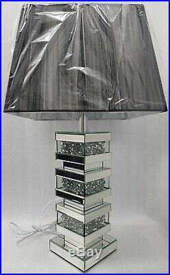 Large Table Lamp Mirrored Sparkly Silver Diamond Crush Square Black White Shade