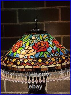 Large Tiffany Style Table Lamp Stained Glass roses With Tassels