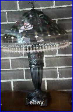 Large Tiffany Style Table Lamp Stained Glass roses With Tassels