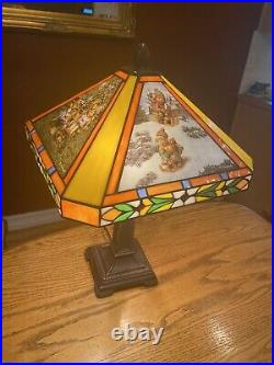 Large Vintage Hummel Stained Slag Glass Table Lamp & Shade Tiffany Style
