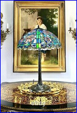 Large Vintage Lamp Tiffany Style Stained Glass on Metal Table / Desk Lighting