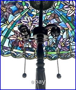 Large Vintage Lamp Tiffany Style Stained Glass on Metal Table / Desk Lighting