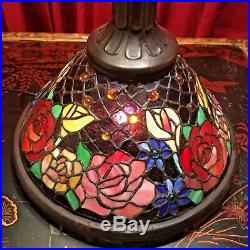 Large Vintage Stained Glass Cabbage Rose Table Lamp