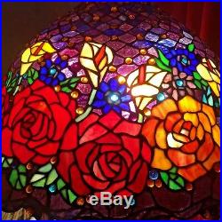 Large Vintage Stained Glass Cabbage Rose Table Lamp