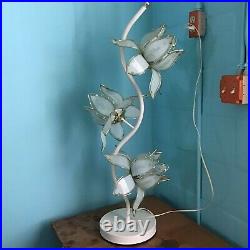 Laurel Lotus White Flower Enamel Metal Brass Floor Table Lamp 3 Way Vtg MCM
