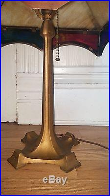 Lg Antique Mission Arts & Crafts Caramel, Red, Green, Blue Slag Glass Table Lamp