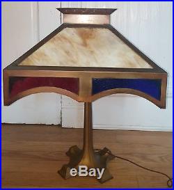 Lg Antique Mission Arts & Crafts Caramel, Red, Green, Blue Slag Glass Table Lamp
