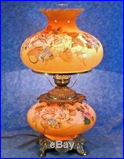 Lg GWTW Hand Painted Milk Glass 25 Electric 2 Light Hurricane Parlor Table Lamp