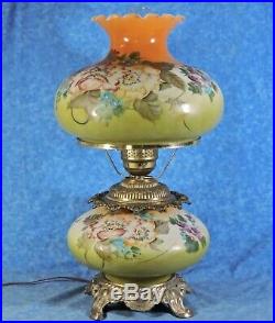 Lg GWTW Hand Painted Milk Glass 25 Electric 2 Light Hurricane Parlor Table Lamp