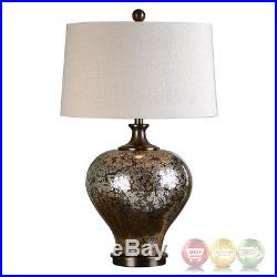 Liro Mottled Dark Bronze Mercury Glass Transitional Table Lamp With Beige Shade