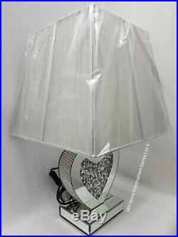 Love Heart Shaped Table Lamp Sparkly Diamond Crush Crystal Silver Shade Bedside