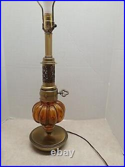 MCM Amber Glass Globe & Brass Toned Hollywood Regency Table Lamp Vintage