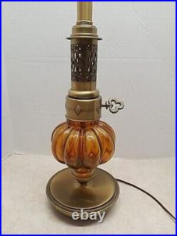 MCM Amber Glass Globe & Brass Toned Hollywood Regency Table Lamp Vintage