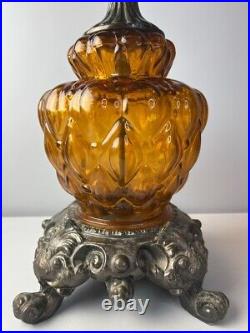 MCM Amber Glass Globe & Solid Brass Hollywood Regency Table Lamp Vintage