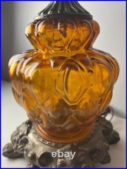 MCM Amber Glass Globe & Solid Brass Hollywood Regency Table Lamp Vintage