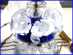 MCM St Clair Gibson Paperweight Glass Table Lamp Cobalt & White Flowers Inclused