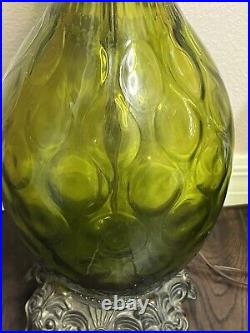 MCM Vintage Regency Impoli Monumental Green Glass Optic Table Lamp Pair