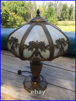 Magnificent Antique Caramel Slag Glass Table Lamp Flowers Overlay