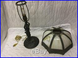 Magnificent Antique Panel Stained Glass Table Lamp & Shade With Art Nouveau Base