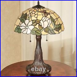 Magnolia Butterfly Stained Glass Table Lamp Ivory Art Nouveau Inspired