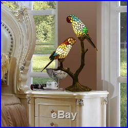 Makenier Vintage Tiffany Style Stained Glass Double Parrots Big Table Lamp