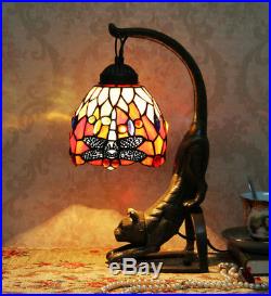 Makenier Vintage Tiffany Style Stained Glass Red Dragonfly Cat Table Lamp