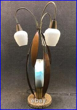 Mid Century Danish Modern Tulip Walnut 3 Glass Globe Table Lamp 40