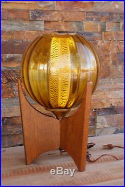 Mid Century Danish Modern Wood Glass Amber Globe Table Lamp