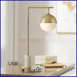 Mid Century Desk Table Lamp with USB Port Brass Glass Shade Living Room Office