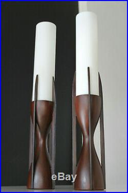 Mid Century Modeline Pair Sculptural Mahogany & Opaline Cylinder Glass Lamps